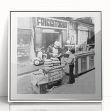 Art deco poster featuring stylized food and people in muted colors on white acrylic, ideal for nursery wall art.