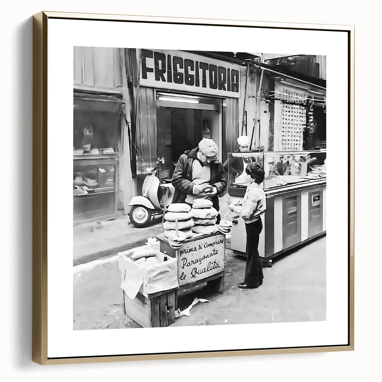Framed canvas wall art featuring a vintage poster of a landscape painting with silver and gold tones.