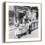 Framed canvas wall art featuring a vintage poster of a landscape painting with silver and gold tones.