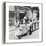 Landscape art painting featuring a vintage poster design with colorful elements on black, framed canvas.