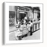 Vintage poster art of colorful food and people on extra large framed canvas, ideal for living room decor.