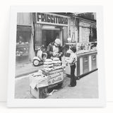 Large black and white stretched canvas featuring a bustling market scene, ideal for kitchen wall art.