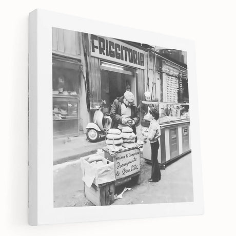 Large art on stretched canvas featuring a vibrant illustration of diverse people enjoying food, ideal for kitchen wall decor.