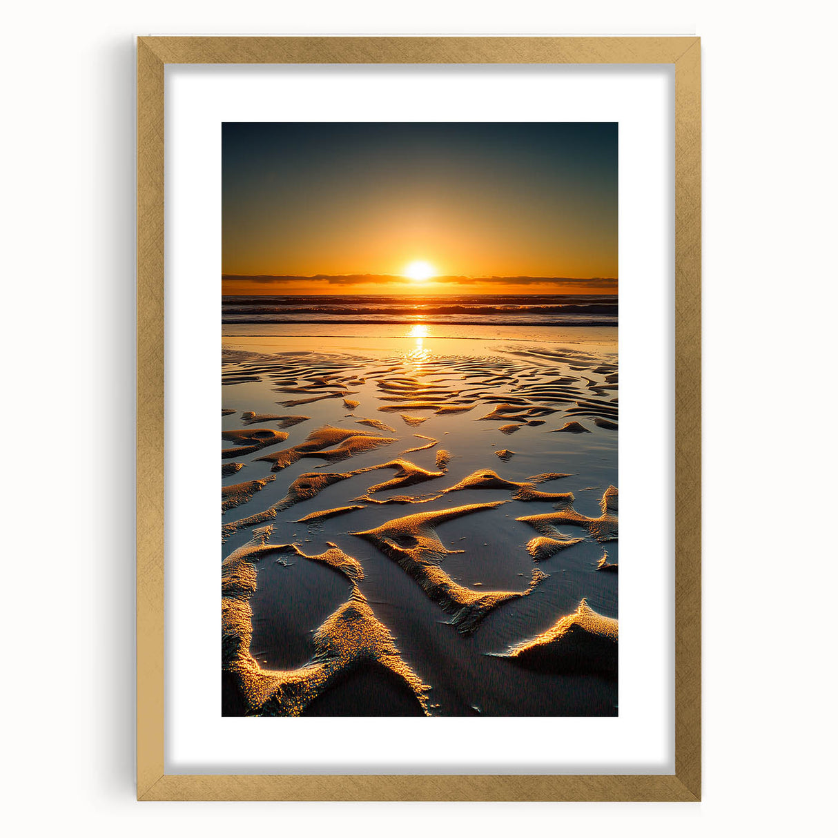Elegant gold landscape frame with mat, showcasing a refined front view, perfect for enhancing home decor and emphasizing artwork display in any setting.
