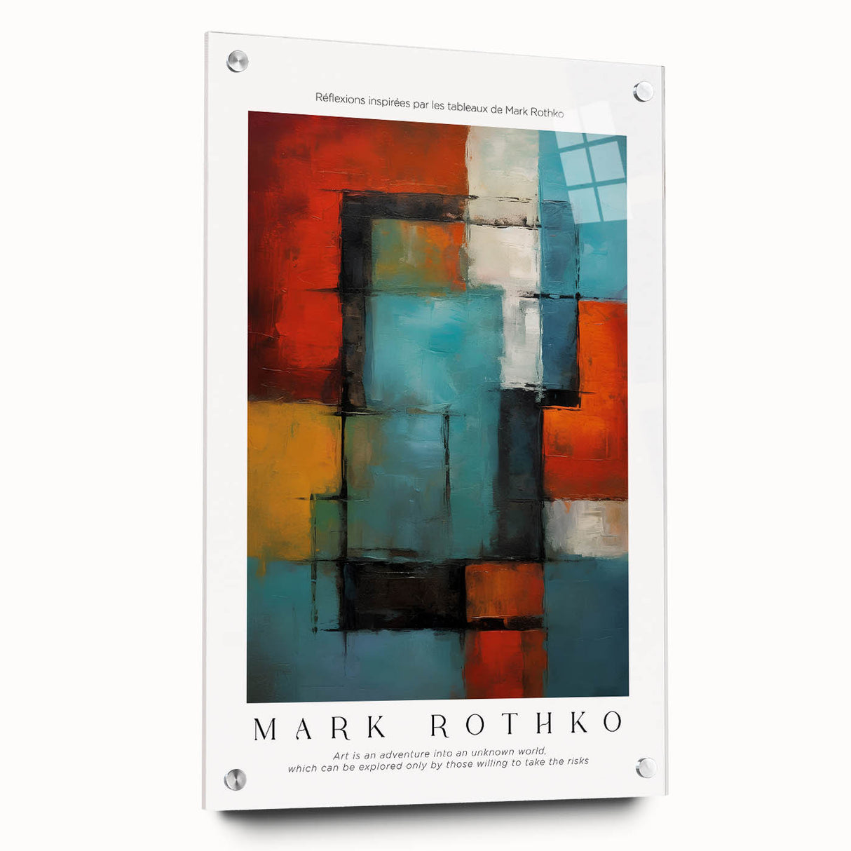 Large abstract wall art in shades of blue and green on acrylic glass, suitable for bedroom or dining room decor.
