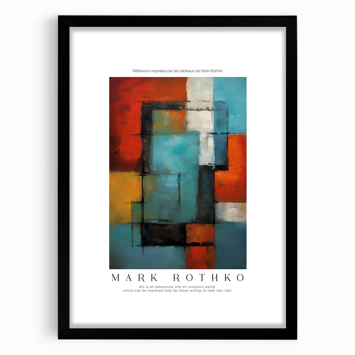 Extra large abstract art print with textured layers in vibrant red, orange, and yellow on a black framed canvas.