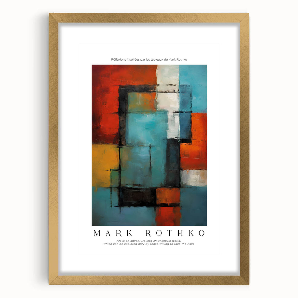 Extra large framed abstract art print in textured gold, featuring Rothko-inspired blocks of muted colors.