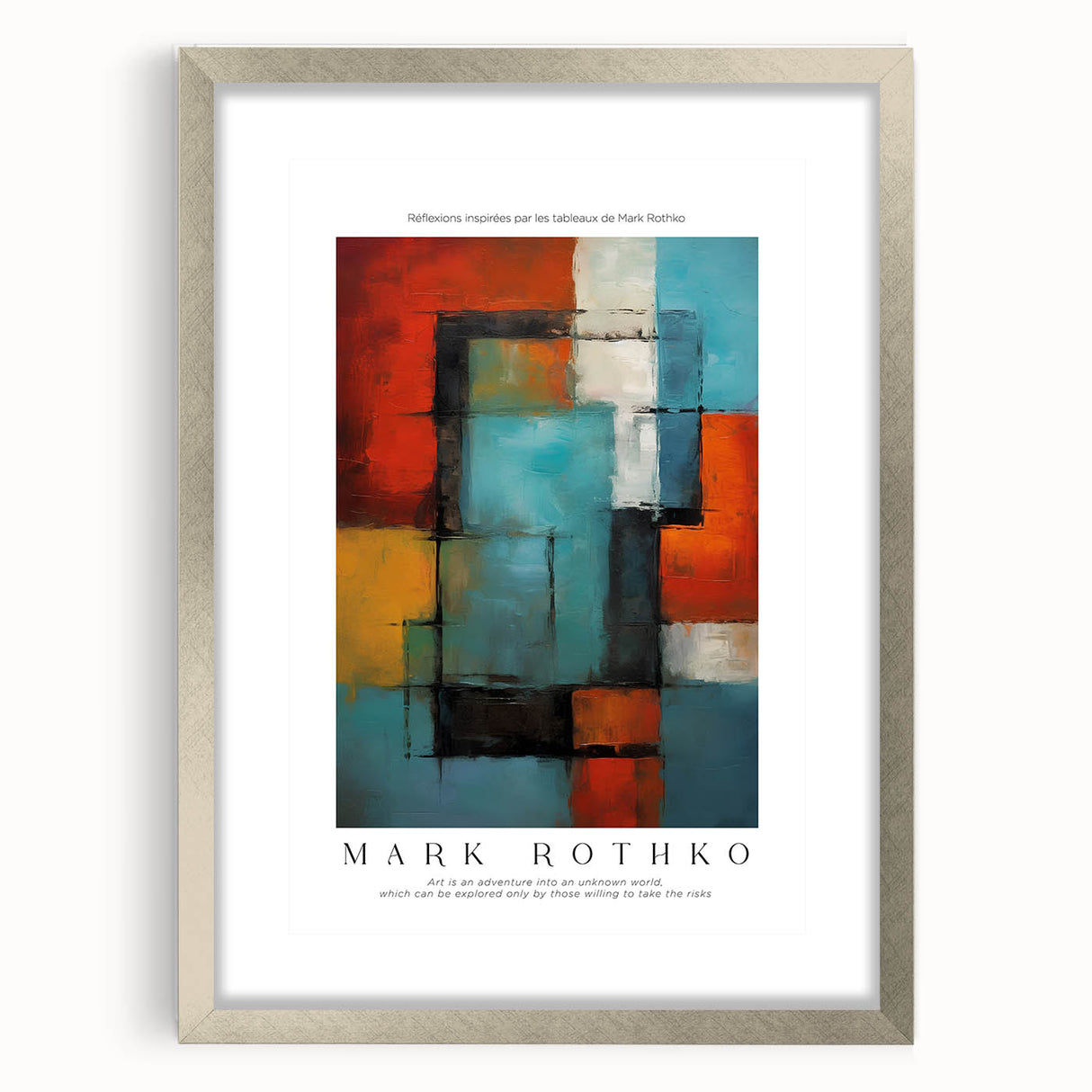 Textured art print in muted blues and greens, abstract style, framed with a silver mat, suitable for bedroom decor.