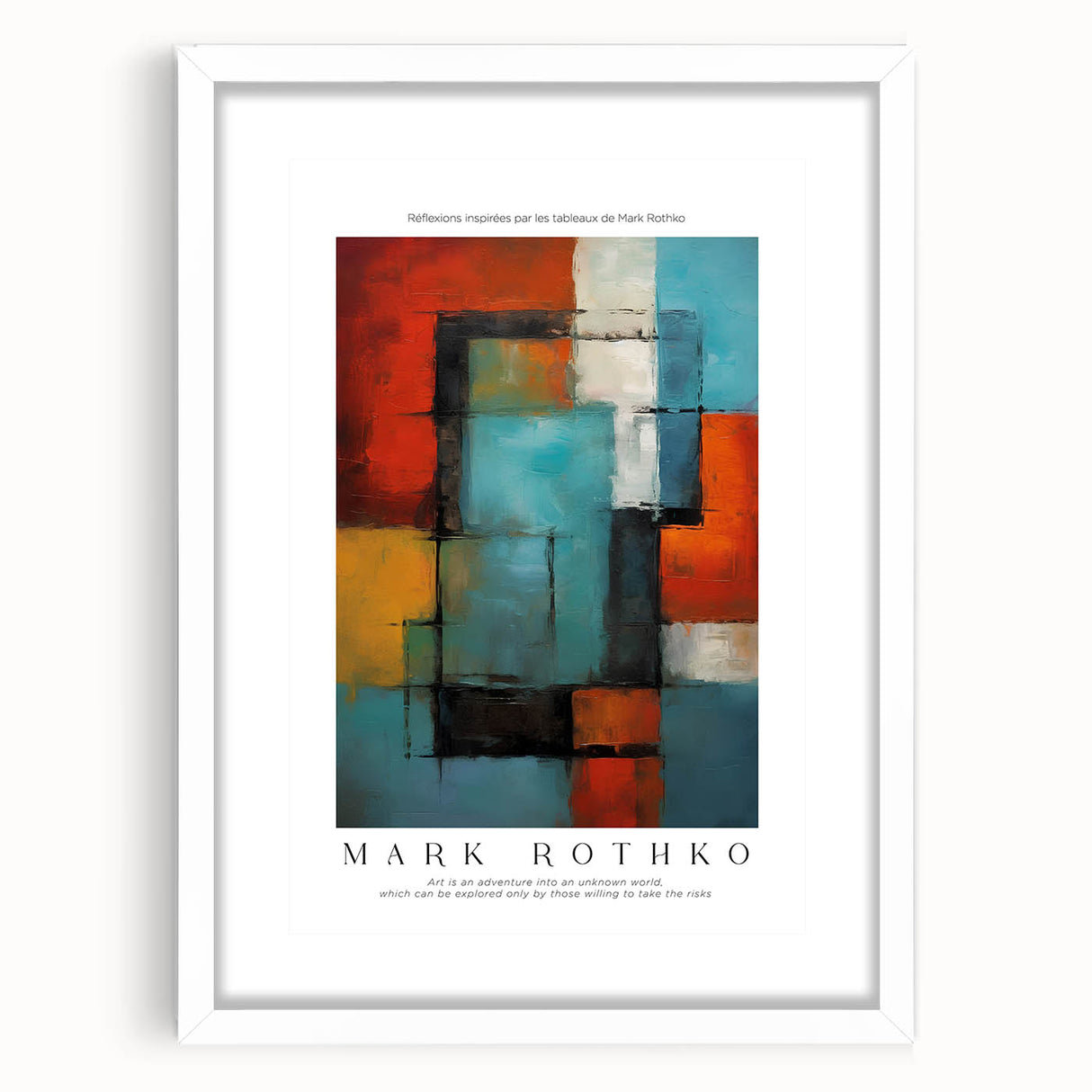 Abstract art print in red and blue tones on a white framed canvas, suitable for bedroom or dining room decor.