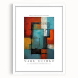 Abstract art print in red and blue tones on a white framed canvas, suitable for bedroom or dining room decor.