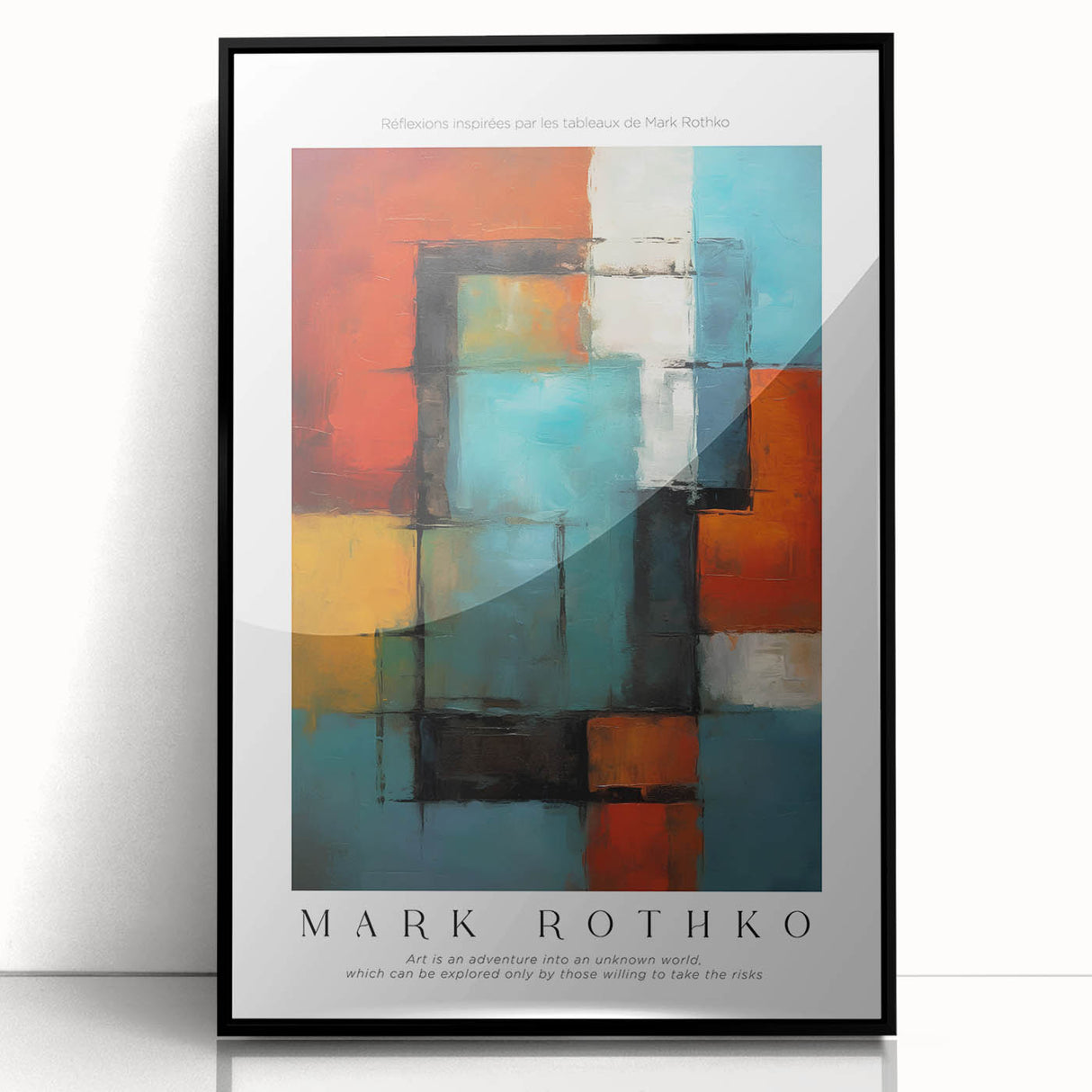 Large abstract wall art in red and black hues, mid-century modernist style, framed in black acrylic.