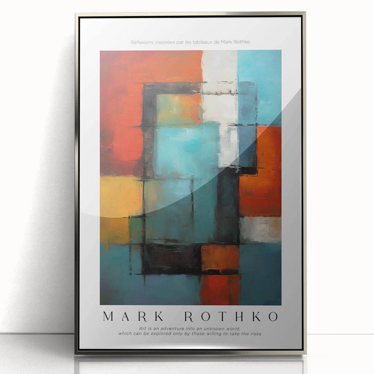 Mid-century modernist art depicting abstract blocks in red and orange on a framed acrylic.