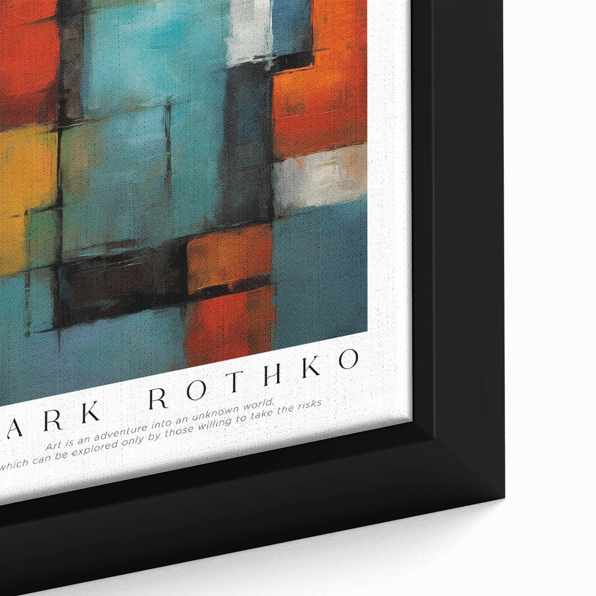 Extra large framed canvas featuring textured, black wall art with vibrant swatches of colorful art.