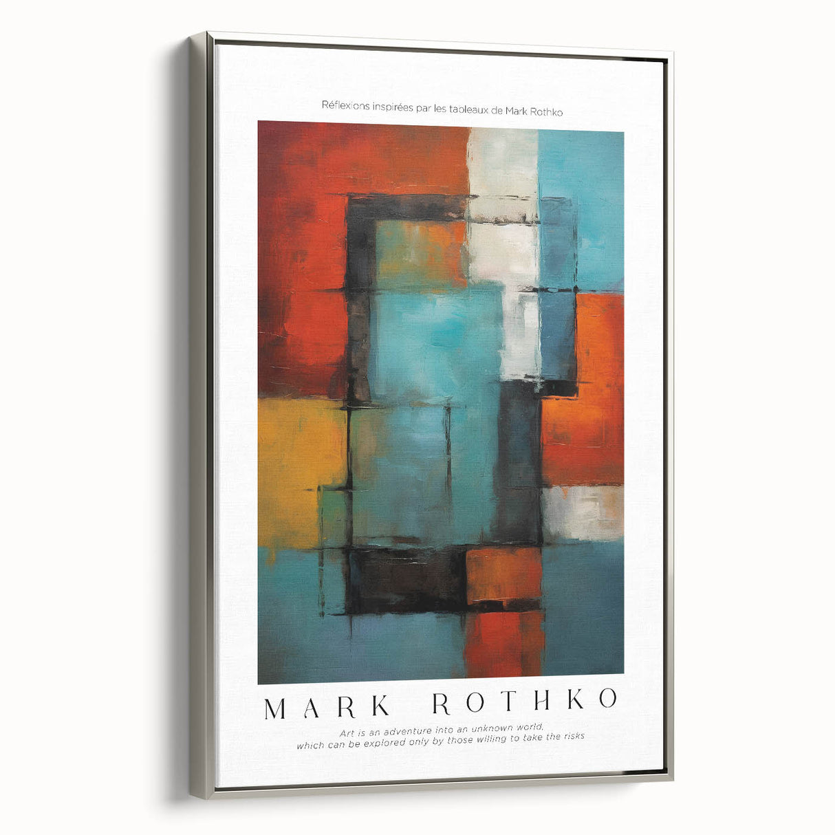 Landscape art painting featuring vibrant, Rothko-inspired blocks of color, framed in silver on canvas.