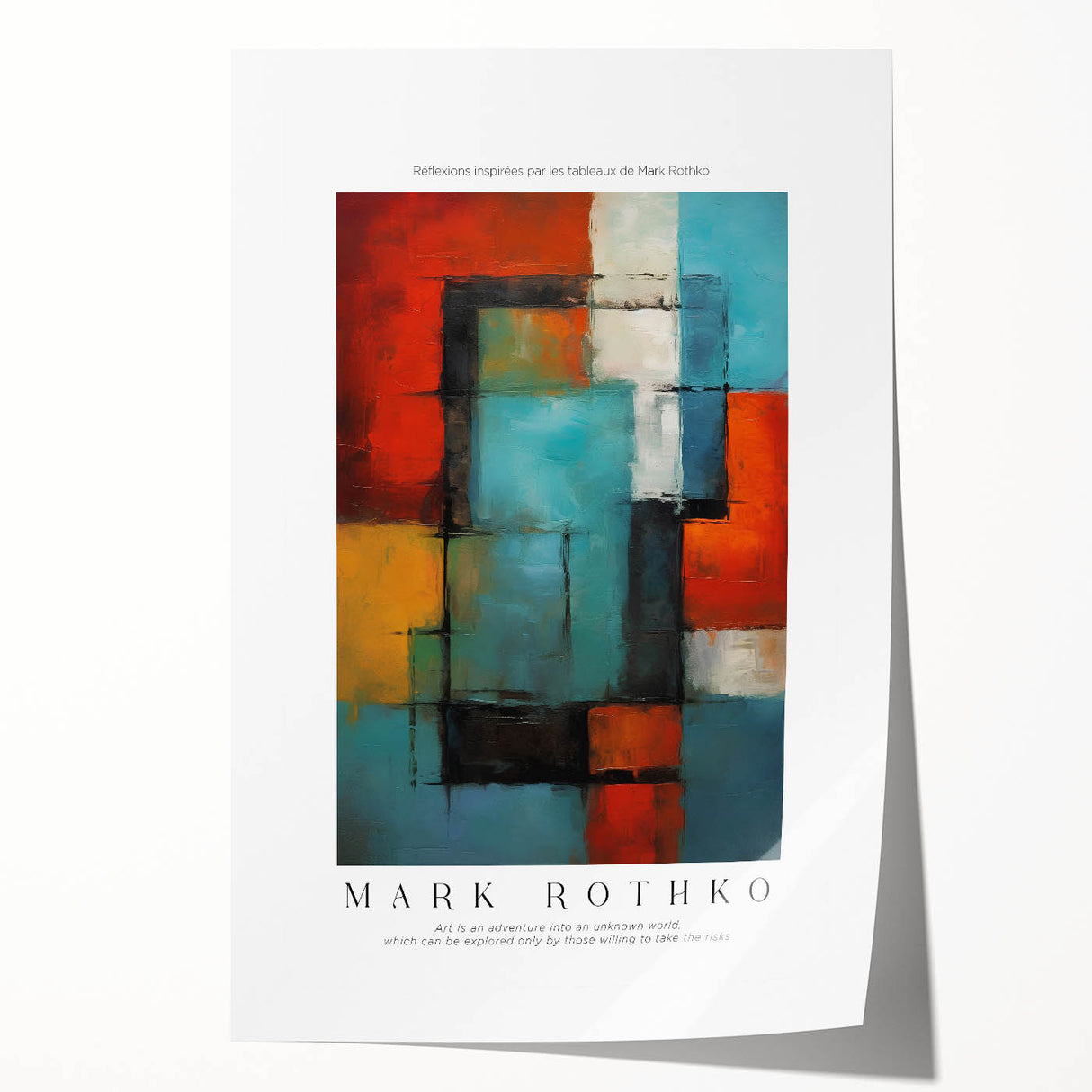 Extra large rolled print of modern floral art in vibrant red and blue tones, ideal for art wall dining room.