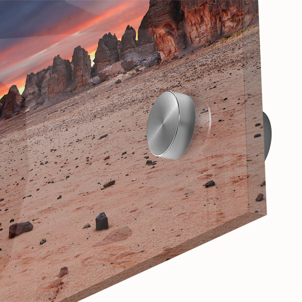 Large acrylic glass print of an abstract Algerian landscape in earth tones.