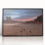 Large abstract wall art featuring a minimalist Algerian landscape in muted earth tones on a framed acrylic panel.