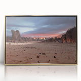 Mid-century modernist art depicting an abstract Algerian landscape in gold and earth tones on framed acrylic.