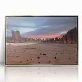 Art deco poster featuring an Algerian landscape in muted earth tones on a silver-framed acrylic print.