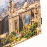 Large abstract wall art featuring a stylized Egyptian landscape in muted earth tones on acrylic glass.