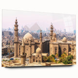 Large abstract depiction of an Egyptian landscape in muted earth tones on acrylic glass.