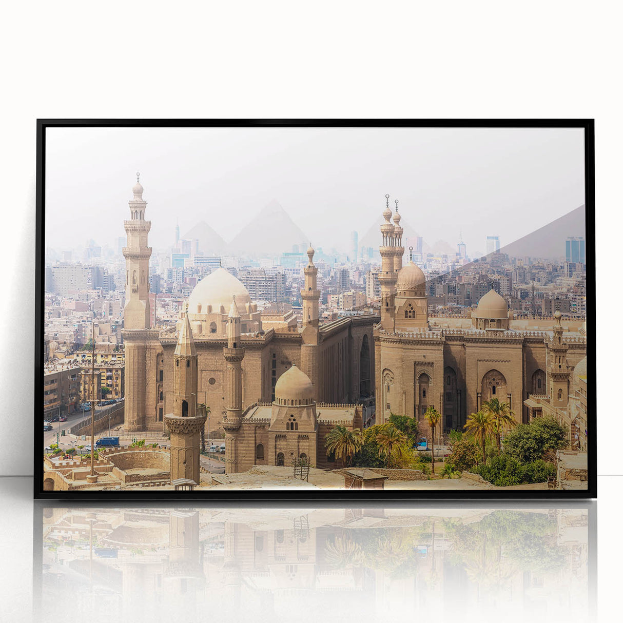 Large abstract wall art depicting an Egyptian scene in black and white tones on a framed acrylic.