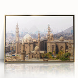 Mid-century modernist art of Egyptian scenery in gold tones on framed acrylic, suitable for nursery wall art.