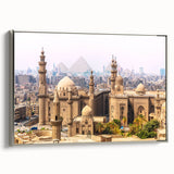 Vintage poster art of an Egyptian landscape on a framed canvas, featuring a palette of silver and black.