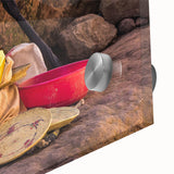 Large abstract acrylic print featuring mid-century modernist shapes in earthy tones, ideal for dining room art.