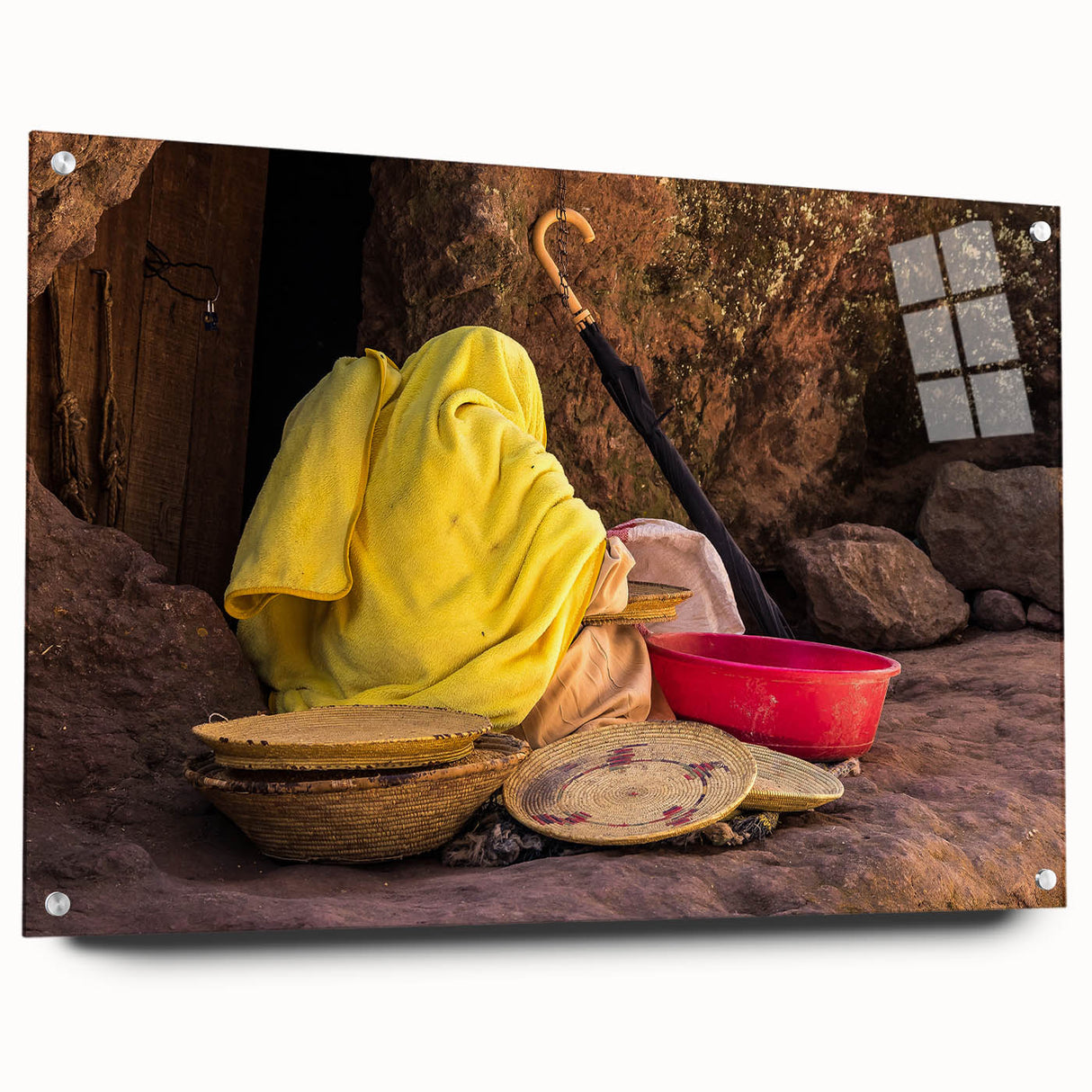 Acrylic print of an Ethiopian landscape featuring earthy tones and a large abstract design.