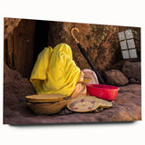 Large abstract wall art of Ethiopian scenery in vibrant earth tones on acrylic glass, ideal for bedroom or dining room decor.