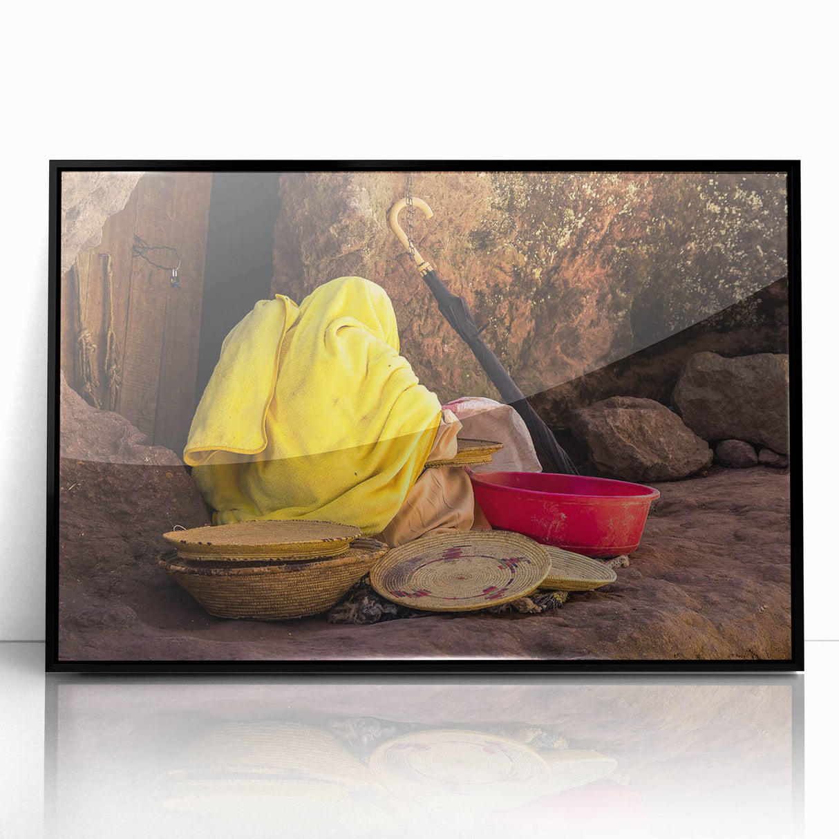 Large abstract wall art depicting an Ethiopian landscape in muted earth tones on a framed acrylic.