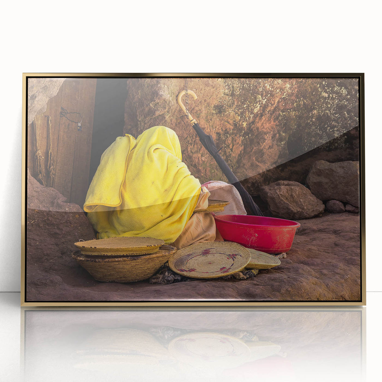 Mid-century modernist art depicting Ethiopian scenery in muted earth tones on a framed acrylic panel.