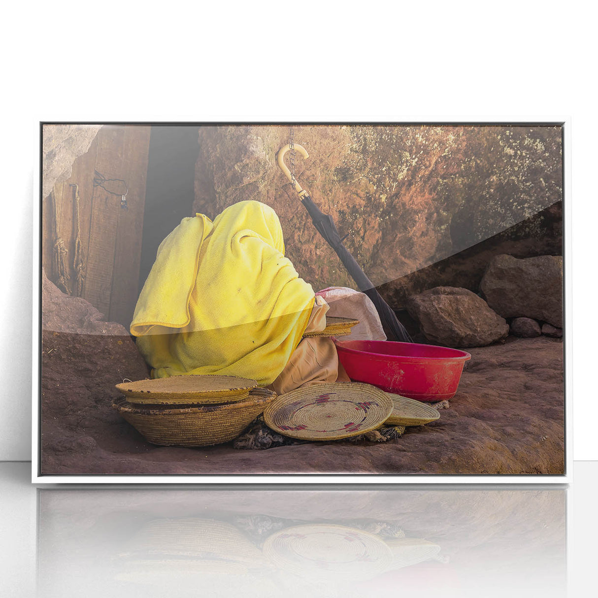 Framed acrylic print of an Ethiopian landscape in muted earth tones, ideal for modern art wall decor.