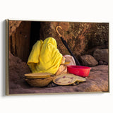 Framed canvas landscape art painting depicting an Ethiopian scenery in vibrant gold and black tones.