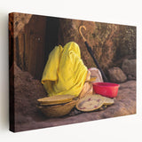 Ethiopian landscape on stretched canvas with lush green and earth tones, suitable as large kitchen wall art.