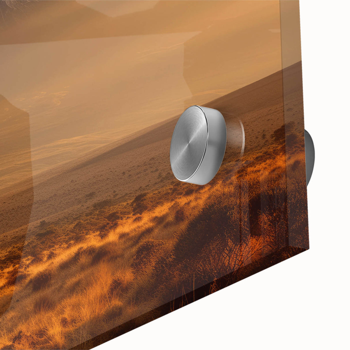 Mid-century modernist art of abstract African scenery in earth tones on large acrylic glass, ideal for dining room ambiance.