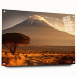 Acrylic print of a Kenyan landscape featuring earthy tones and a large abstract design.