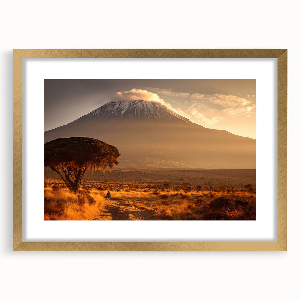 Textured abstract art print depicting a serene Kenyan landscape in earthy tones, framed in gold, suitable for bedroom decor.