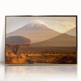 Mid-century modernist art depicting a serene Kenyan landscape in acrylic gold hues, framed, perfect for nursery wall art.