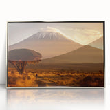 Acrylic print of a Kenyan landscape in silver frame, featuring earthy tones, ideal for modern art wall decor.