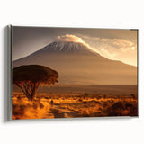 Vintage poster art of a scenic Kenyan landscape on a framed canvas, featuring vibrant colors, ideal for living room decor.