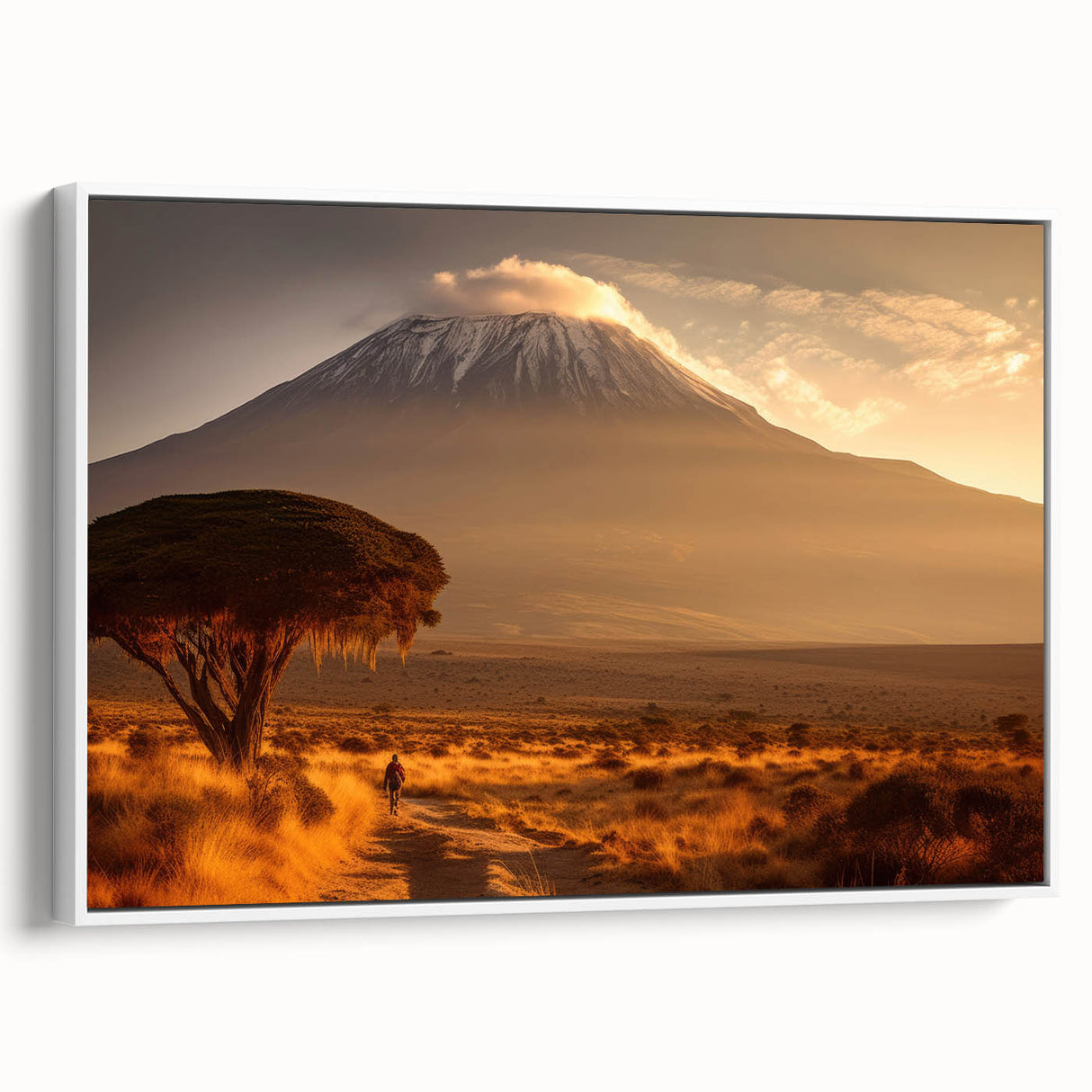 Framed canvas of a Kenyan landscape with acacia trees in black and white, ideal for bedroom wall art.