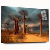 Large abstract wall art depicting a Madagascar scenery in muted earth tones on acrylic glass.