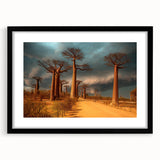 Extra large abstract art print depicting a colorful, textured Madagascar scenery on a black framed matte canvas.
