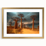 Textured abstract art print of Madagascar scenery in muted earth tones on a gold-framed canvas, ideal for bedroom art.