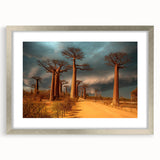 Abstract art print of Madagascar scenery in silver frame, featuring earthy tones, ideal for dining room decor.