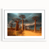 Extra large abstract art print depicting a textured Madagascar scenery in muted earth tones, framed with a white mat.