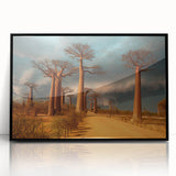 Large abstract wall art featuring a stylized Madagascar landscape in muted earth tones on framed acrylic.