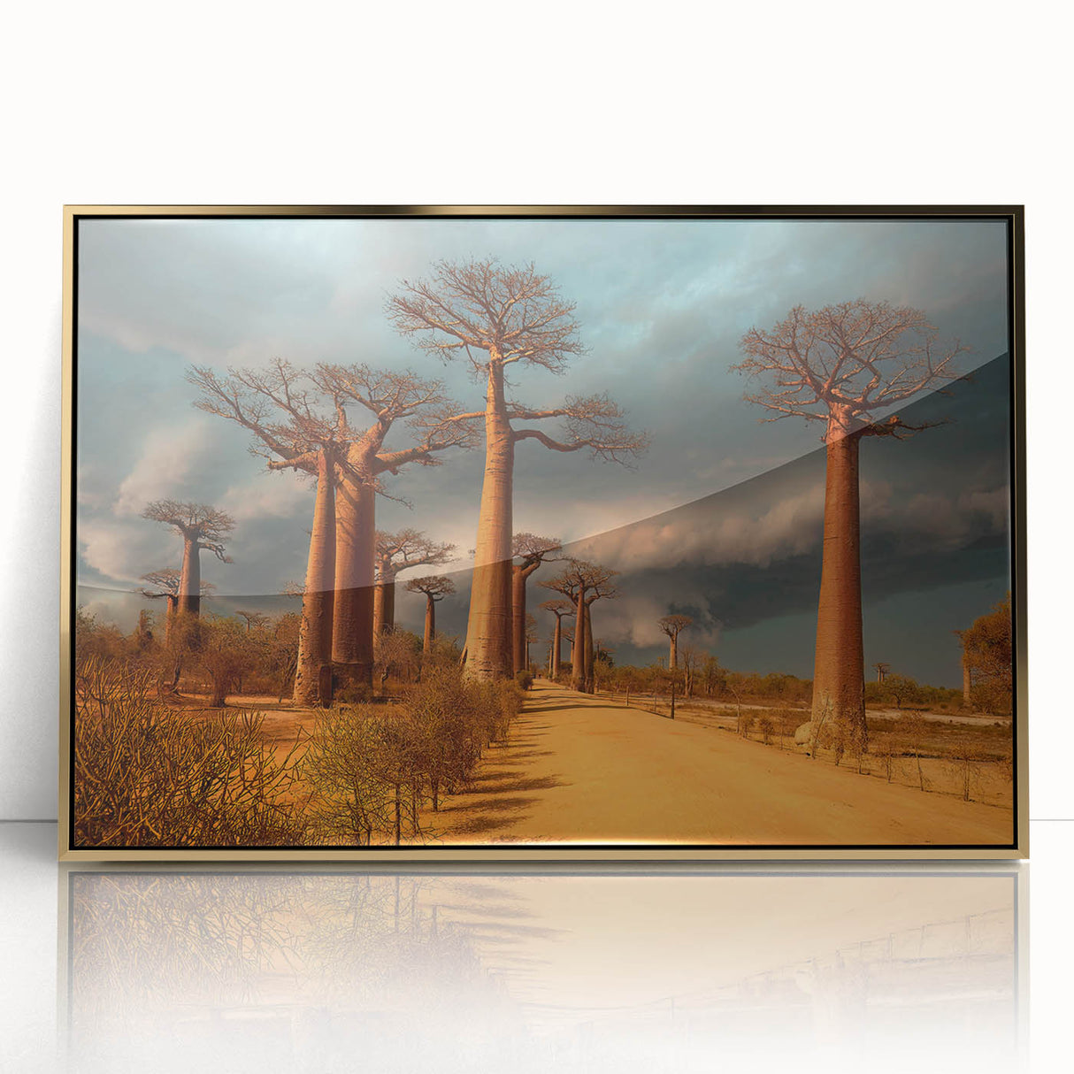 Mid-century modernist art depicting a Madagascar landscape in acrylic, framed in gold, ideal for nursery wall decor.